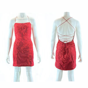 Camille La Vie Red Lace Short Dress Size 8 Spaghetti Straps Fitted Cocktail Prom